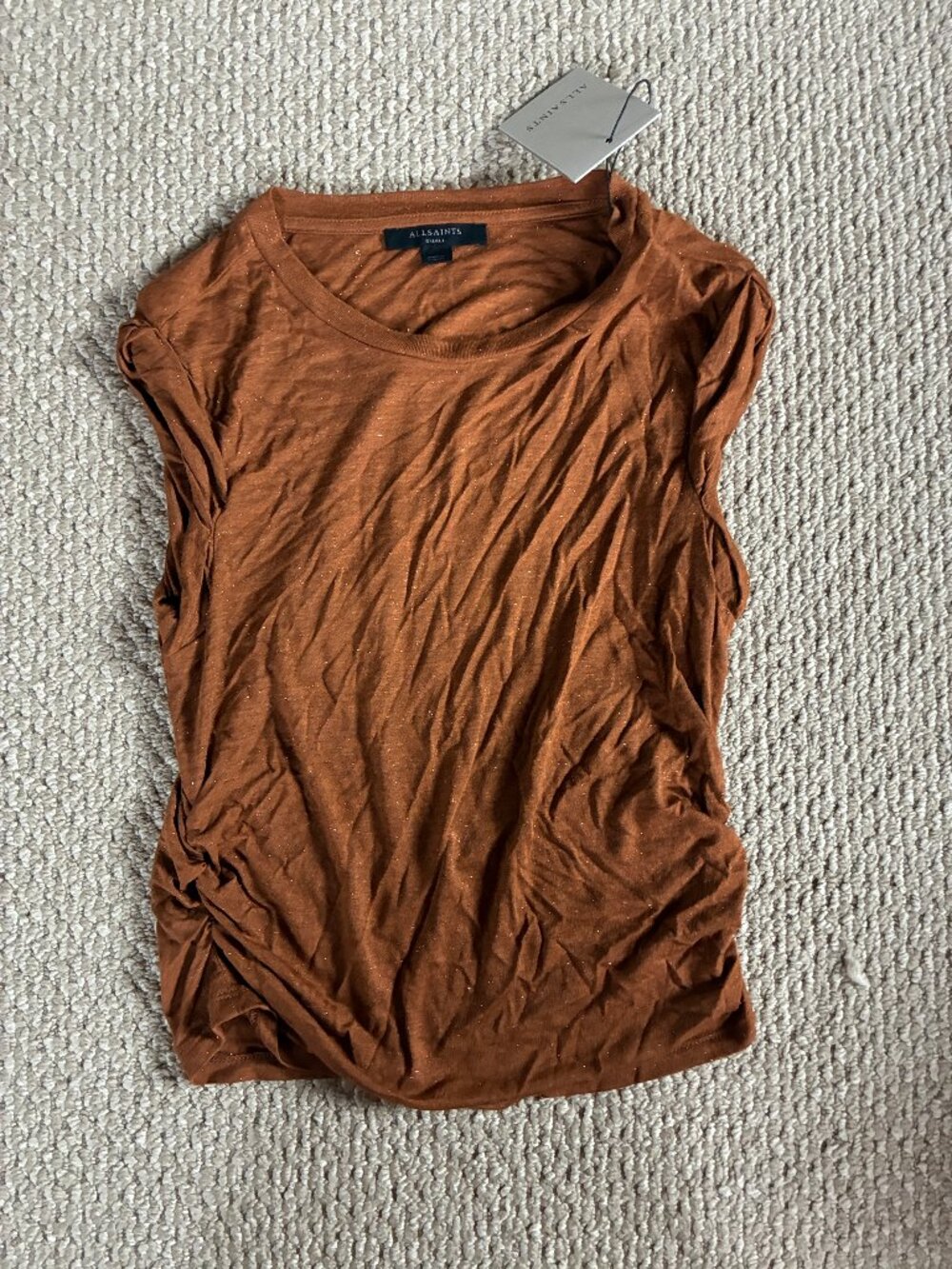 All Saints Small West Shimmer Tank Top Copper Rust Brown Made in Turkey